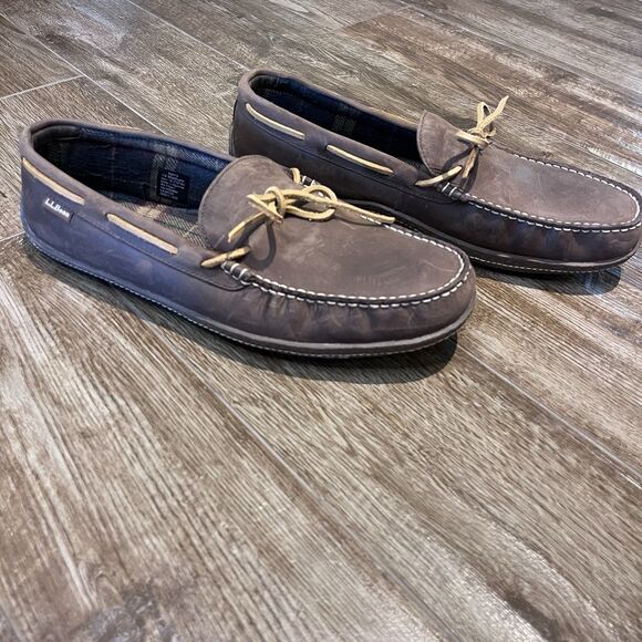 LL Bean Hand Sewn Slippers Mens 14 Dark Brown Moccasins Loafer Flannel Lined main image 5